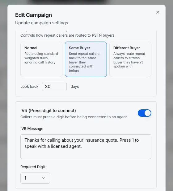 CallFlow edit-campaign dialog with the IVR press-digit switch on, a custom IVR message and the required digit set to 1